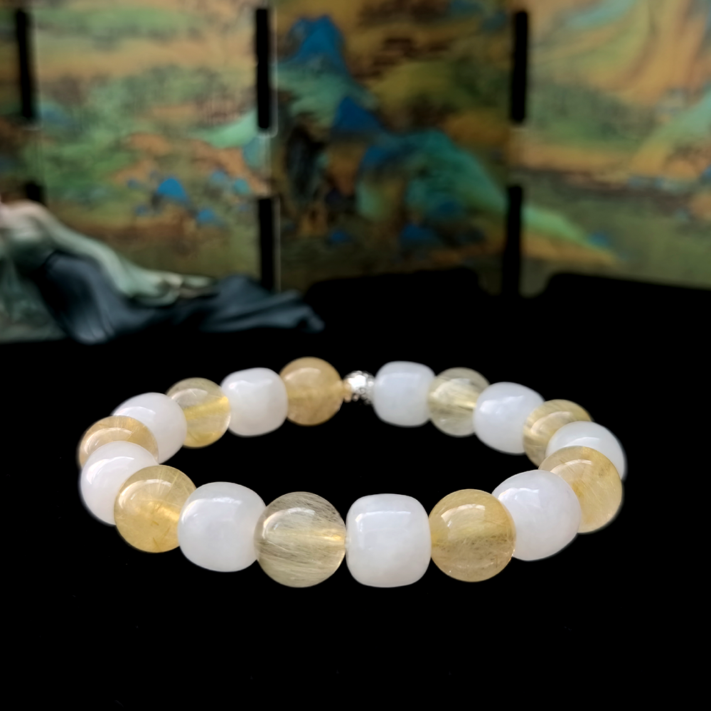White Hetian Jade and Golden Rutilated Quartz crystal bracelet for self-acceptance and gentle confidence