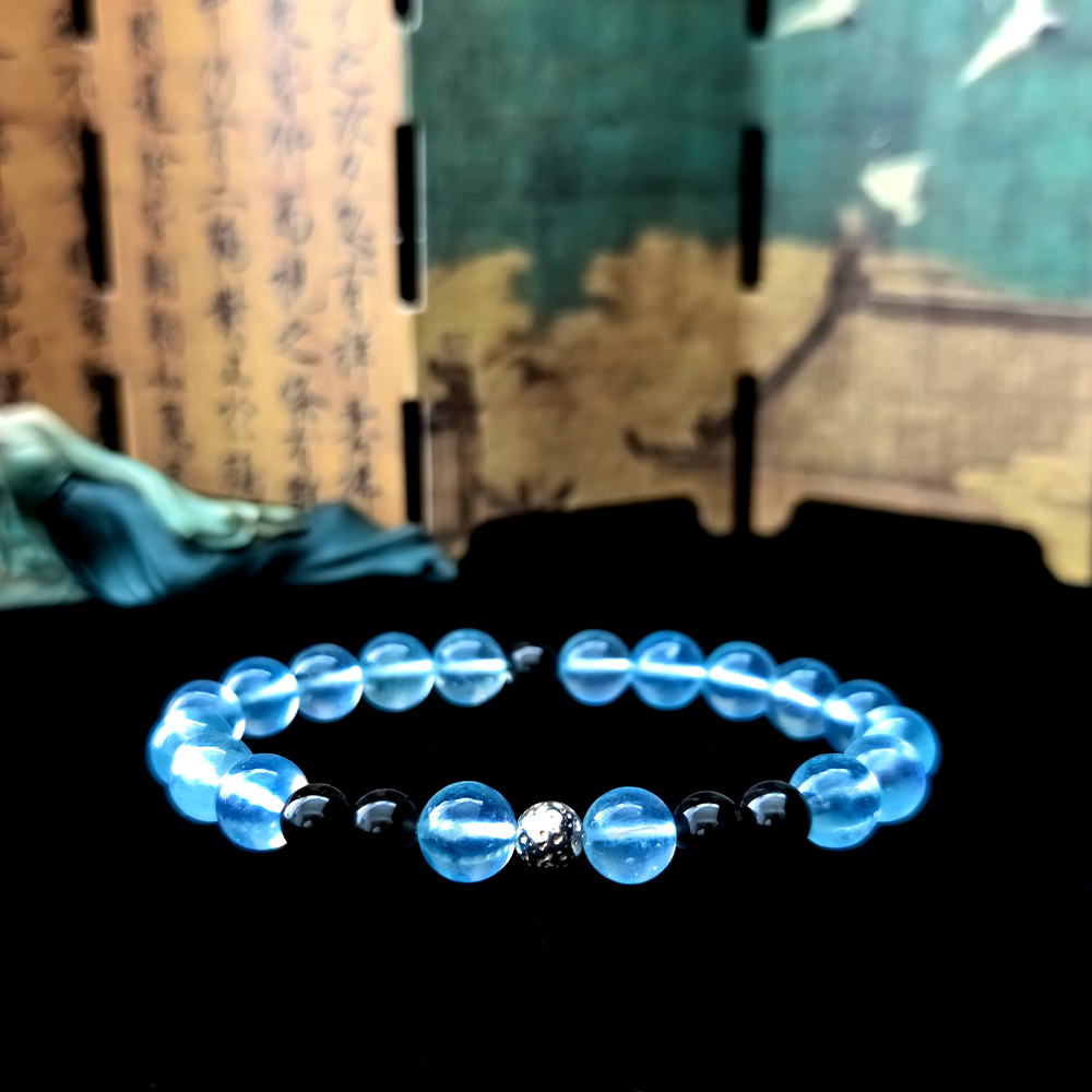Aquamarine and Black Tourmaline crystal bracelet for panic relief, protection, and calm energy