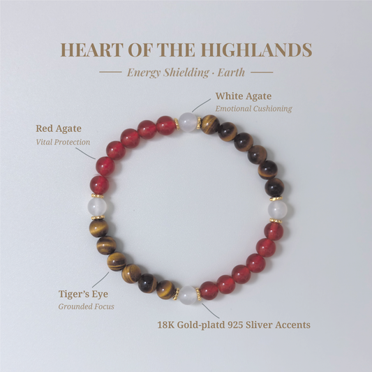 Heart of the Highlands bracelet with Tiger’s Eye, Red Agate, and White Agate for strength, calm, and healthy boundaries