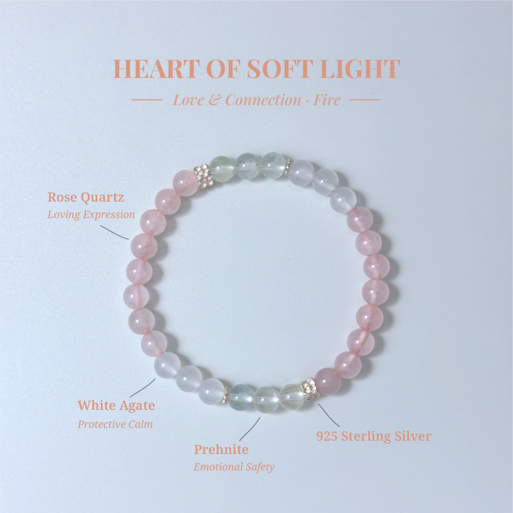 Heart of Soft Light crystal card showing Rose Quartz and other stones with their healing functions.