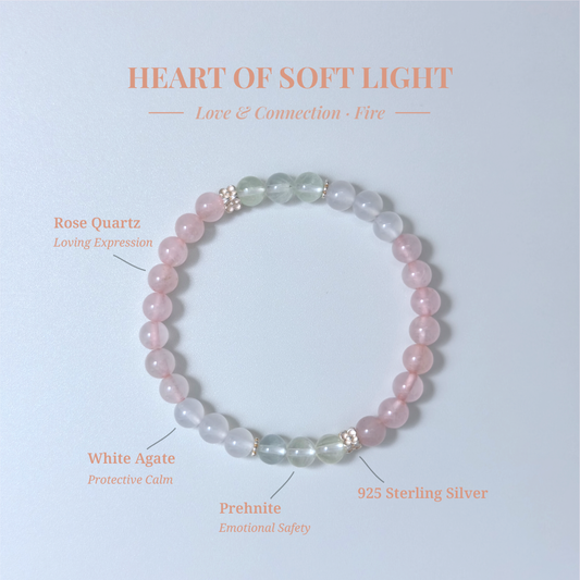Heart of Soft Light bracelet with Rose Quartz, Prehnite, and White Agate for trust, balance, and gentle emotional expression