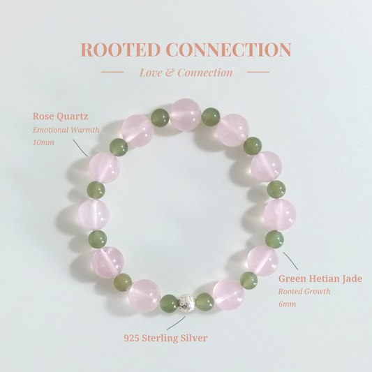 Rooted Connection bracelet with Rose Quartz and Green Hetian Jade for strengthening emotional bonds and steady relationship growth