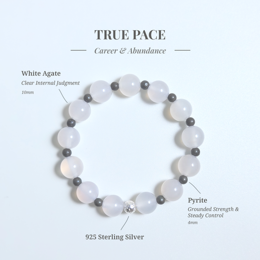 White Agate and Pyrite “Rooted Clarity” bracelet for calming comparison loops, strengthening confidence, and restoring grounded focus – JING Balance