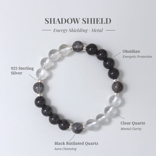 Shadow Shield bracelet with Obsidian, Black Rutilated Quartz, and Clear Quartz for mental focus and energetic protection