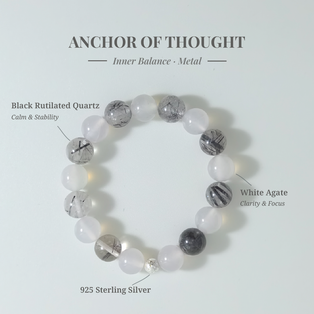 Mind Stillness bracelet with White Agate and Black Rutilated Quartz for quieting thoughts and emotional balance