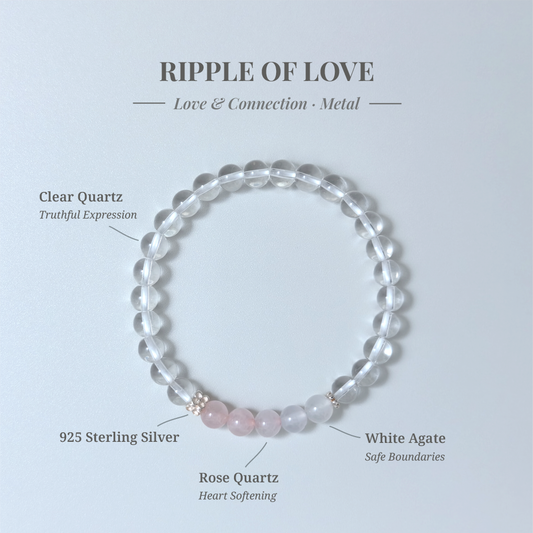 Ripple of Love bracelet with Rose Quartz, Clear Quartz, and White Agate for gentle expression and heartfelt connection