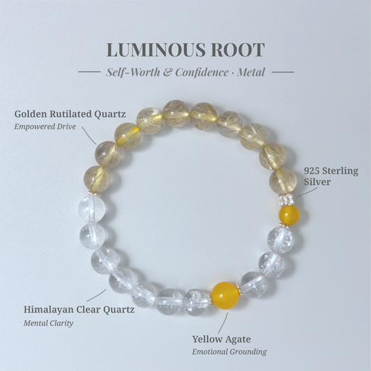Luminous Root bracelet with Golden Rutilated Quartz, Clear Quartz, and Yellow Agate for decisiveness, focus, and grounded confidence