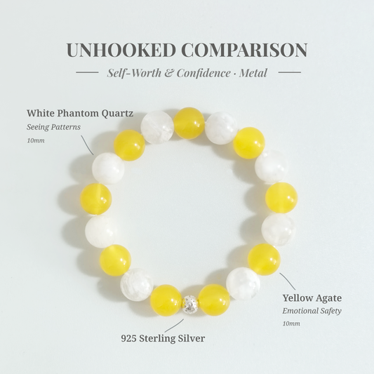 Yellow Agate and White Phantom Quartz “Unhooked Comparison” bracelet for softening self-worth triggers, reducing emotional collapse from comparison, and supporting gentle self-understanding – JING Balance