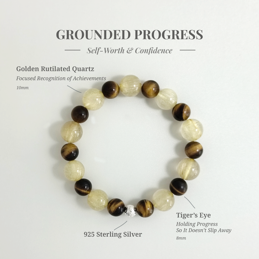 Grounded Progress bracelet with Golden Rutilated Quartz and Tiger’s Eye for turning completed work into real progress and reducing constant forward pressure