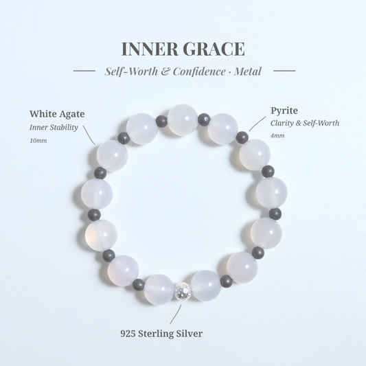 White Agate and Pyrite “Rooted Clarity” bracelet for calming comparison loops, strengthening confidence, and restoring grounded focus – JING Balance
