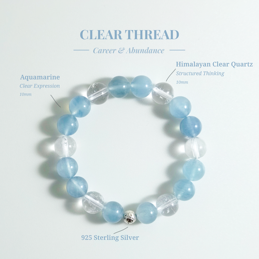 Clear Thread bracelet with Aquamarine and Clear Quartz for explaining ideas clearly and staying focused when speaking
