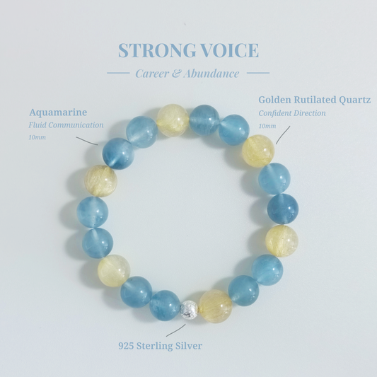 Strong Voice bracelet with Aquamarine and Golden Rutilated Quartz for confident communication and steady self-expression