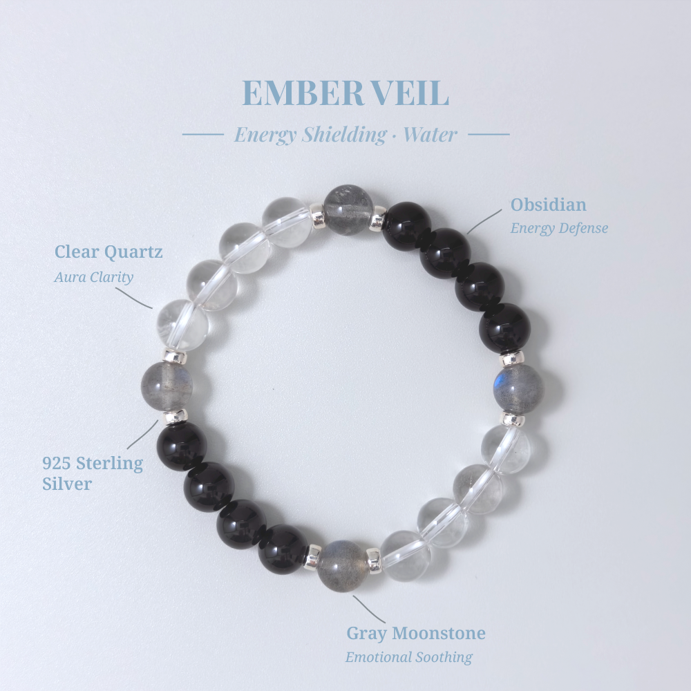 Ember Veil crystal card showing Obsidian and other stones with their healing functions.