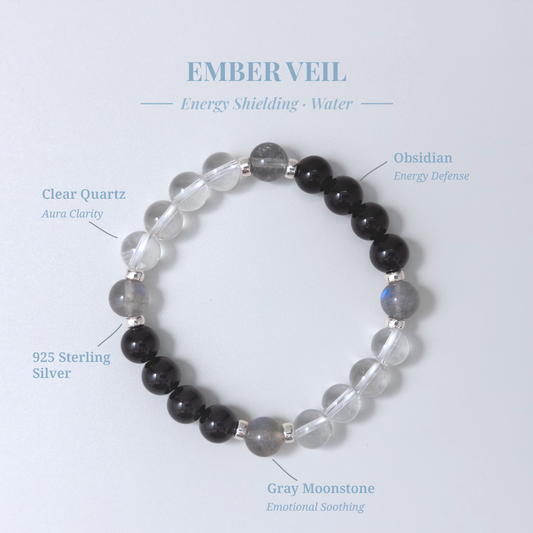 Ember Veil bracelet with Obsidian, Gray Moonstone, and Clear Quartz for gentle shielding and peaceful energy