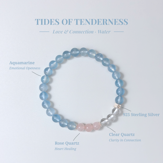 Tides of Tenderness bracelet with Aquamarine, Rose Quartz, and Clear Quartz for trust, emotional flow, and heart connection