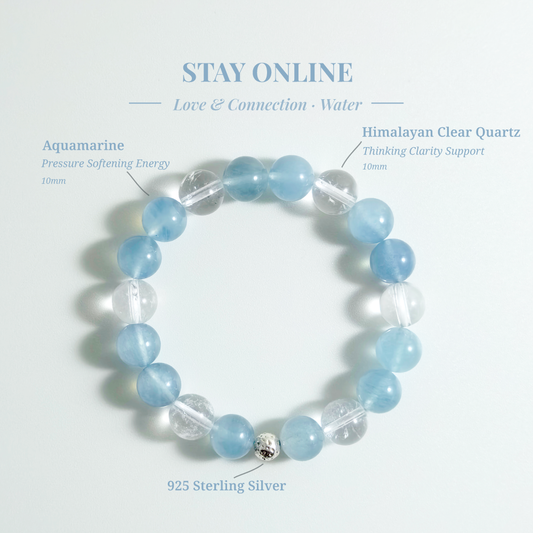 Aquamarine and Clear Quartz “Stay Online” bracelet for staying mentally available under pressure and keeping thoughts accessible when it matters – JING Balance