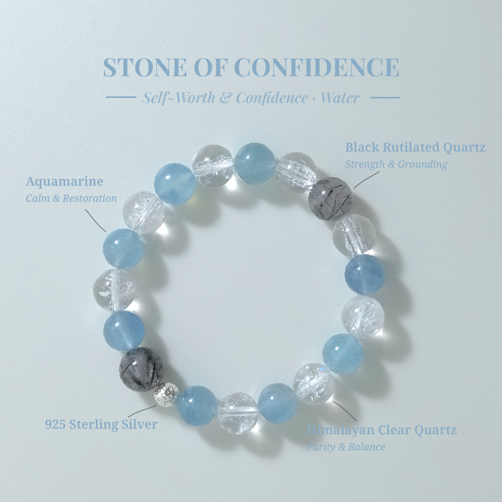 Stone of Confidence bracelet with Aquamarine, Himalayan Clear Quartz, and Black Rutilated Quartz for calm restoration and balanced energy