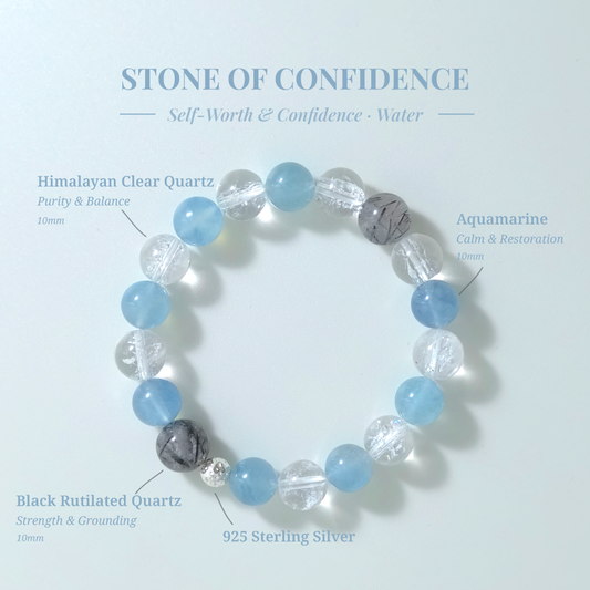Stone of Confidence bracelet with Aquamarine, Himalayan Clear Quartz, and Black Rutilated Quartz for calm restoration and balanced energy
