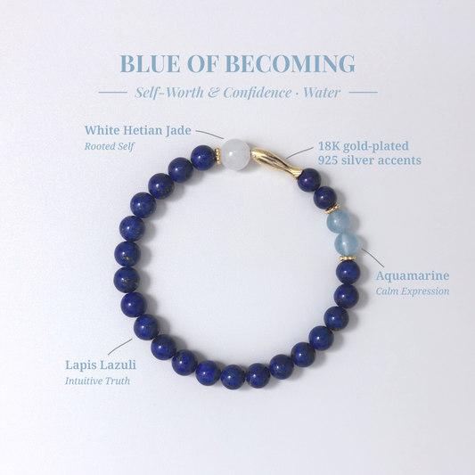 Blue of Becoming bracelet with Lapis Lazuli, Aquamarine, and White Hetian Jade for self-expression, intuition, and emotional balance