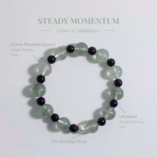 Steady Momentum bracelet with Green Phantom Quartz and Obsidian for steady work rhythm and smoother progress after interruptions