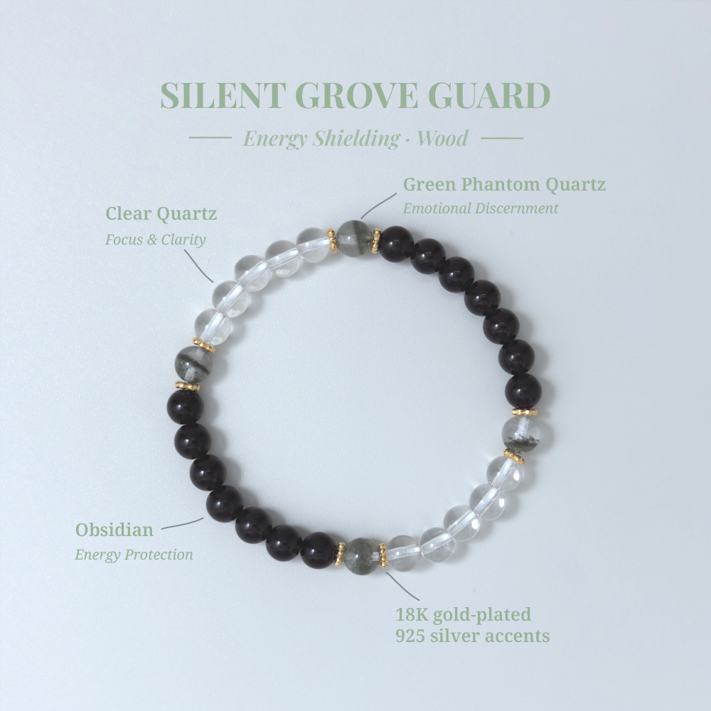 Silent Grove Guard crystal card showing Obsidian and other stones with their healing functions.