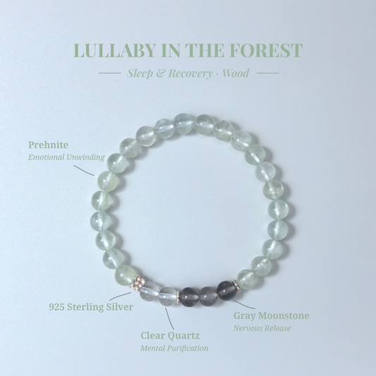Lullaby in the Forest bracelet with Prehnite, Gray Moonstone, and Clear Quartz for soothing anxiety and grounding nighttime peace