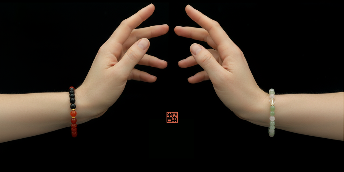 Two mannequin hands wearing crystal bracelets on left and right wrists, symbolizing how crystal energy differs based on which hand you wear it – wearable Feng Shui guide.