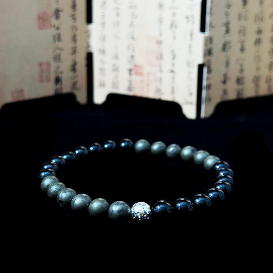 Black Onyx and Pyrite crystal bracelet for attracting healthy relationships, building self-worth in love, and ending patterns with emotionally unavailable partners – JING Balance