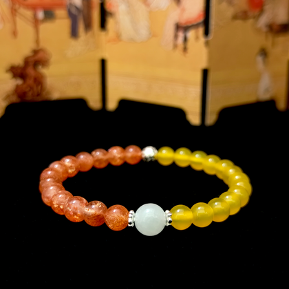 Yellow Agate, Sunstone, and White Hetian Jade crystal bracelet for confidence, grounding, and emotional balance