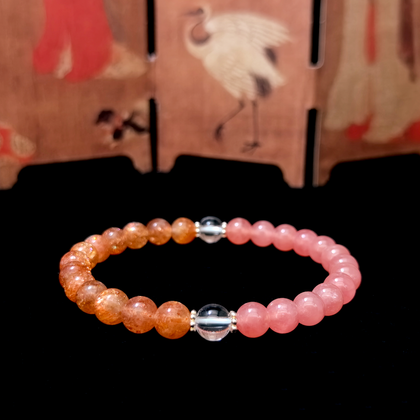 Sunstone, Rhodochrosite, and Clear Quartz crystal bracelet for emotional balance, warmth, and confidence