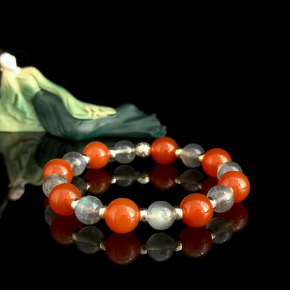 Red Agate and Grey Moonstone crystal bracelet for overthinking conversations, easing speaking tension, and reducing fear of saying the wrong thing – JING Balance