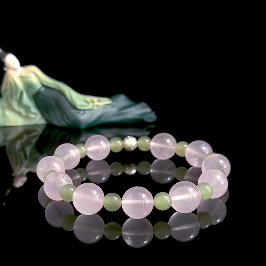 Rose Quartz and Green Hetian Jade crystal bracelet for deepening connection, building trust, and long-term relationship stability