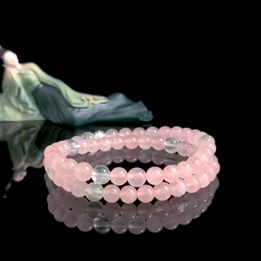 Rose Quartz and Prehnite crystal bracelet for emotional openness, attracting new connections, and expanding social energy