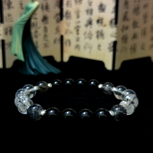 Shadow Shield bracelet in a minimalist scene ¨C Metal element crystal for Energy Shielding.