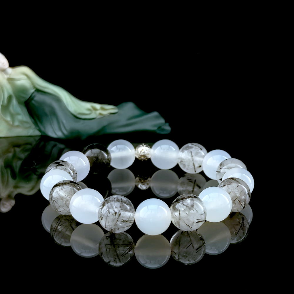 White Agate and Black Rutilated Quartz crystal bracelet for calm focus and mental clarity