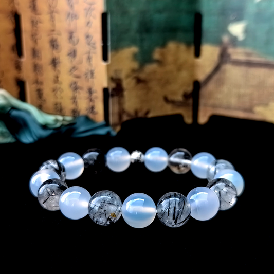 White Agate and Black Rutilated Quartz crystal bracelet for calm focus and mental clarity
