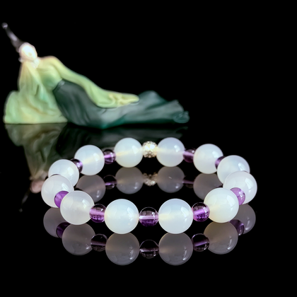 White Agate and Amethyst crystal bracelet for steady speech, clear thinking, and controlled pace