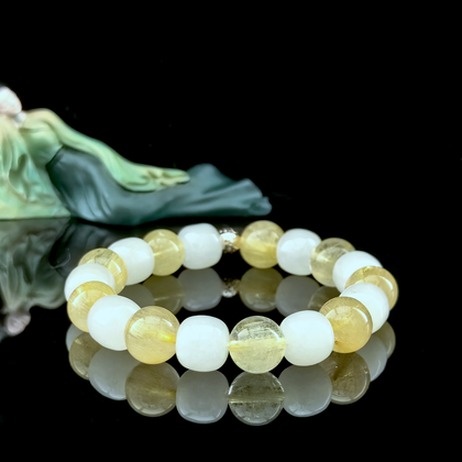 White Hetian Jade and Golden Rutilated Quartz crystal bracelet for self-acceptance and gentle confidence