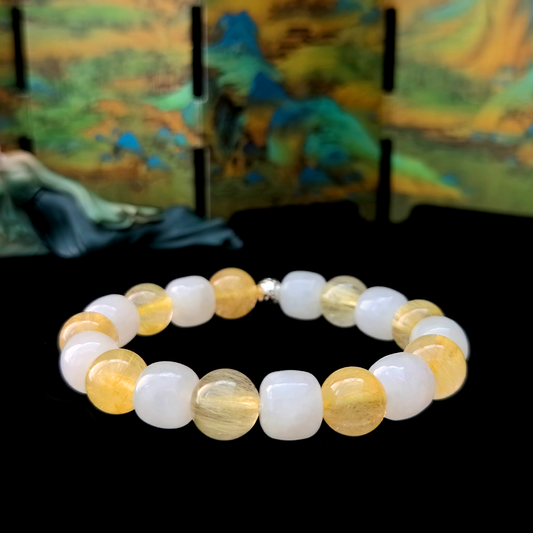 White Hetian Jade and Golden Rutilated Quartz crystal bracelet for self-acceptance and gentle confidence