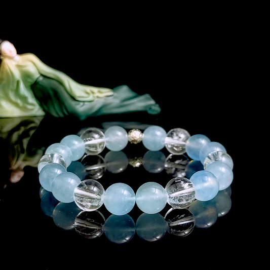 Aquamarine and Clear Quartz crystal bracelet for clear communication, structured thinking, and organized expression