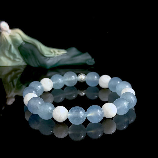 Aquamarine and White Phantom Quartz crystal bracelet for putting thoughts into words, clear expression, and structured communication