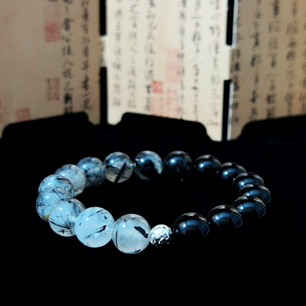 Black Rutilated Quartz and Black Onyx crystal bracelet for emotional numbness, overthinking relief, and thawing burnout shutdown – JING Balance