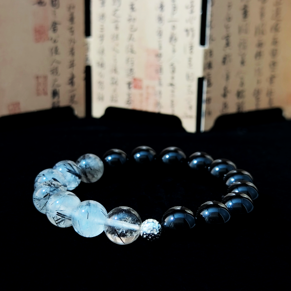 Black Tourmaline and Black Rutilated Quartz crystal bracelet for emotional release, clearing heavy energy, and healing numbness – JING Balance