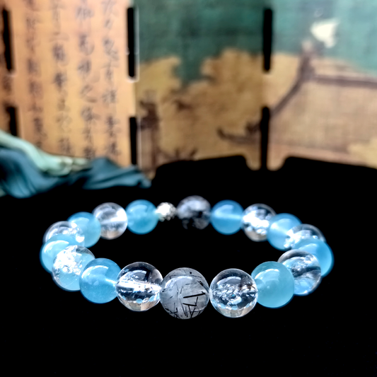 Aquamarine and Black Rutilated Quartz crystal bracelet for calm confidence and grounding energy