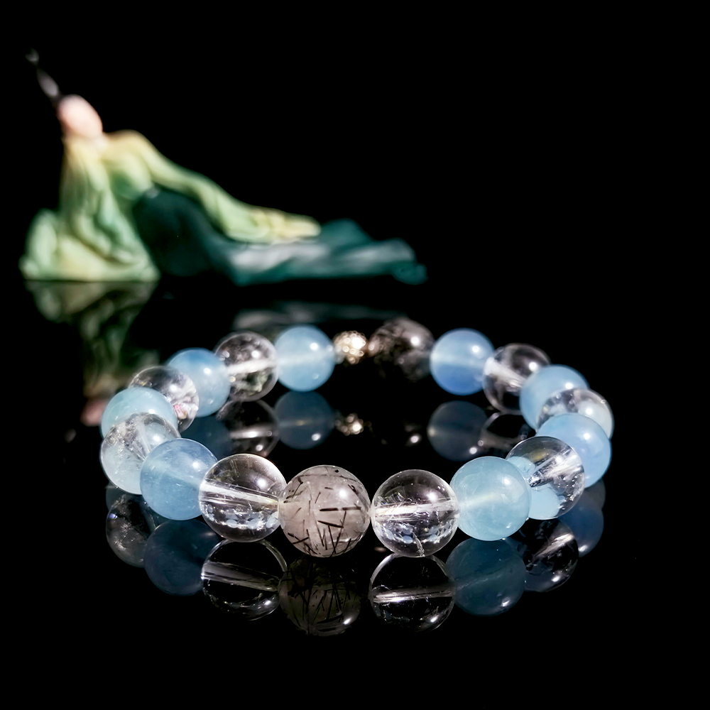 Aquamarine and Black Rutilated Quartz crystal bracelet for calm confidence and grounding energy