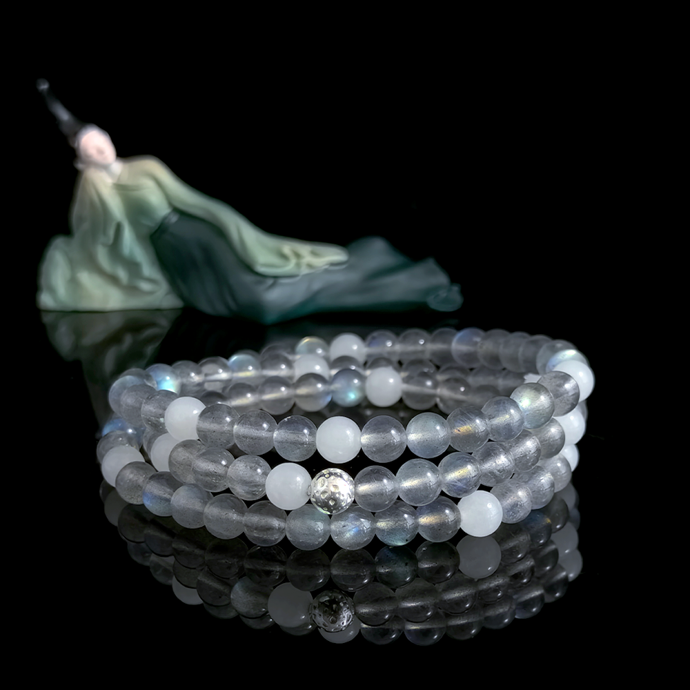Gray Moonstone and White Hetian Jade crystal bracelet for emotional restlessness, inner calm, and nighttime stability