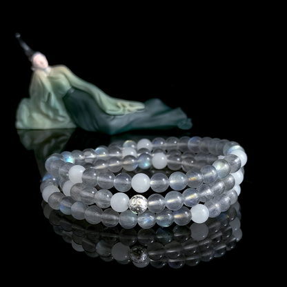 Gray Moonstone and White Hetian Jade crystal bracelet for emotional restlessness, inner calm, and nighttime stability