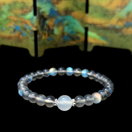 Gray Moonstone and White Agate crystal bracelet for emotional calm, relaxation, and restful sleep