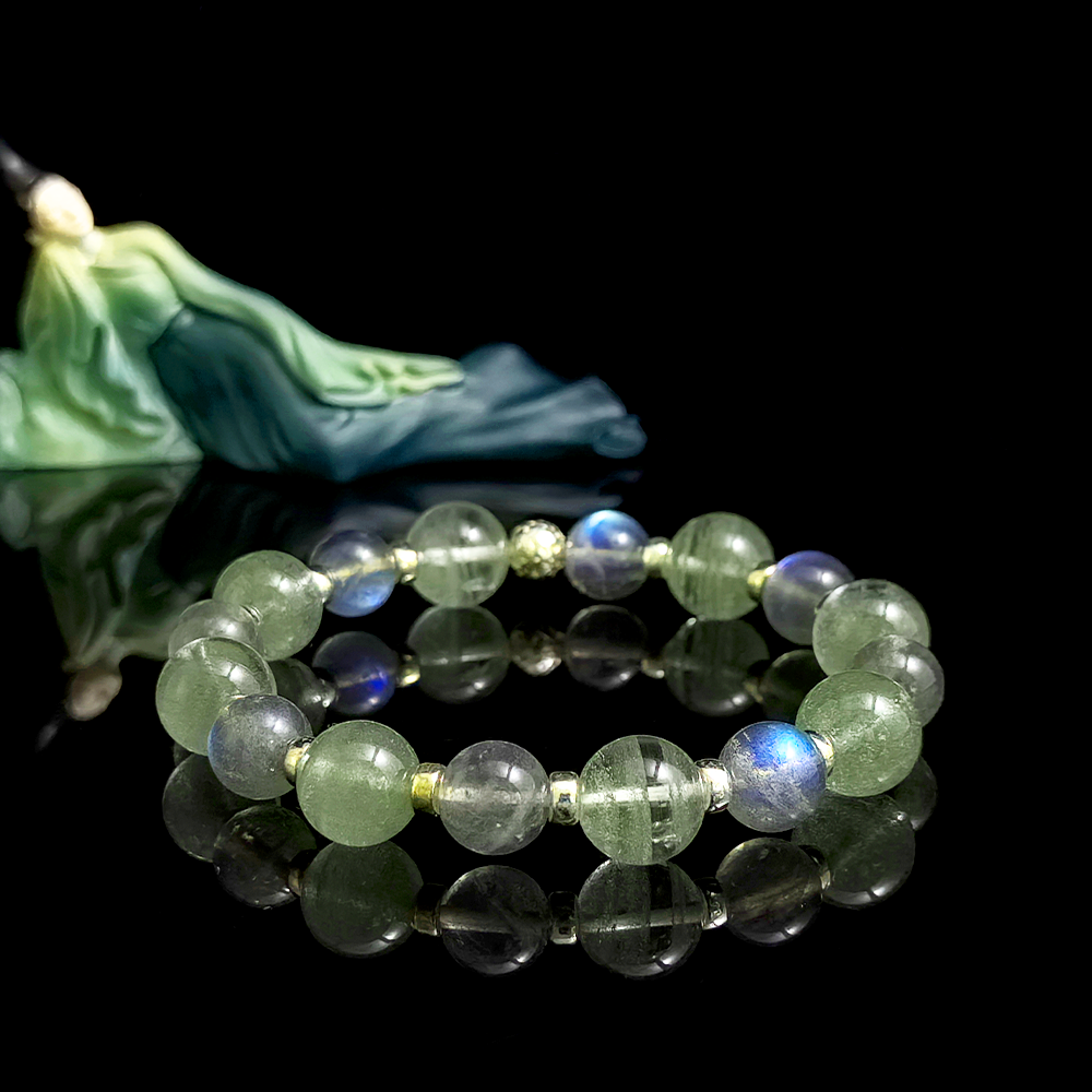 Moonstone and Green Phantom Quartz crystal bracelet for speaking too fast, emotional urgency, and chaotic expression – JING Balance