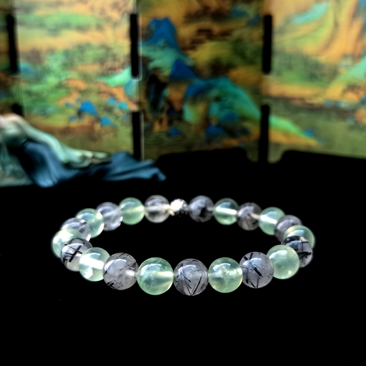 Prehnite and Black Rutilated Quartz crystal bracelet for motivation, courage, and action energy